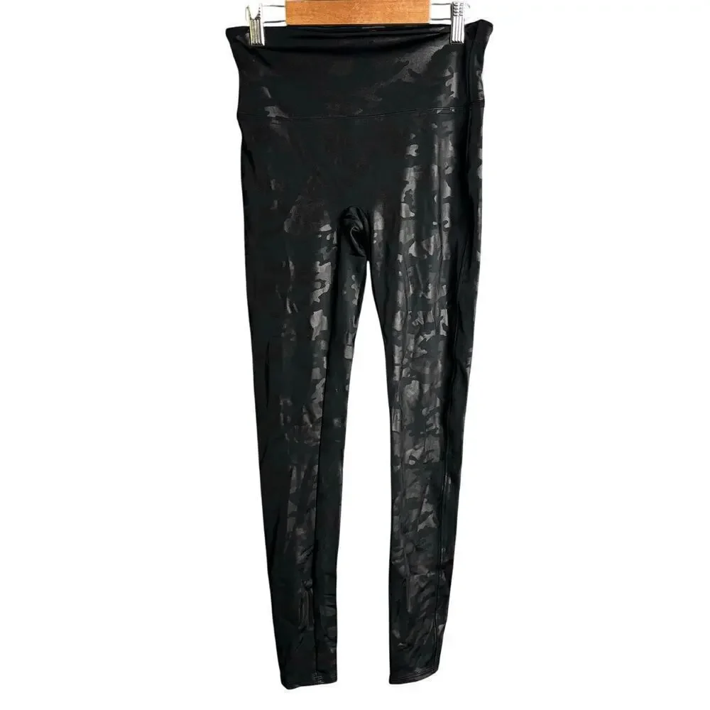 Spanx Faux Leather Leggings Matte Black Camo Size M